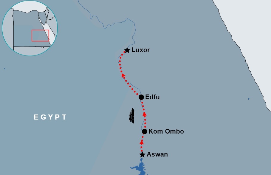 4 Day Aswan to Luxor Nile Cruise map 4 Day Aswan to Luxor Nile Cruise map
